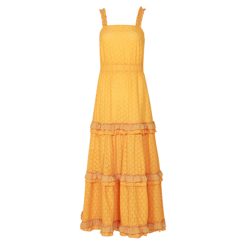 Hollow Lace Ruffle Stitching Strap Bodycon Evening Maxi Dresses
