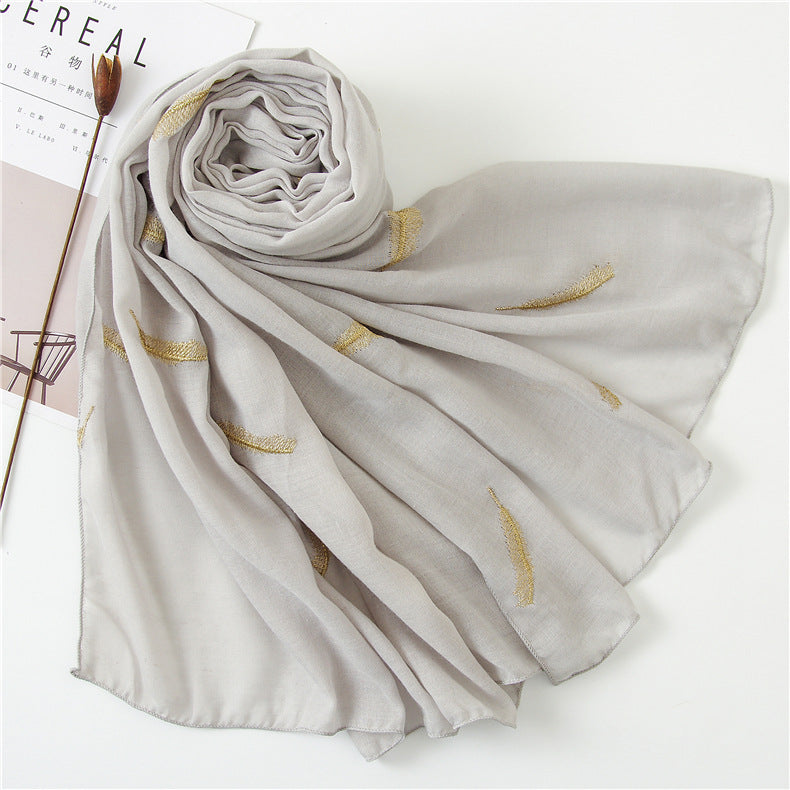 Feather Embroidered Cotton Scarf Shawl for Women Ladies Girls