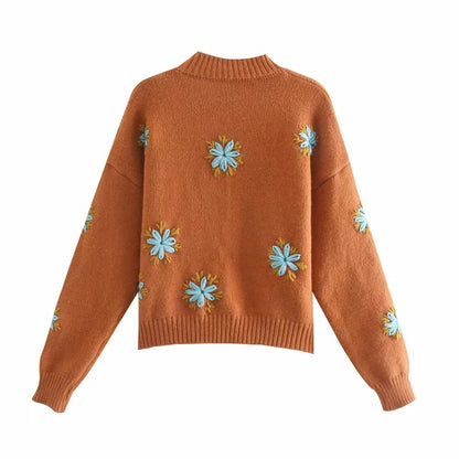 Embroidery Knit Lantern Sleeve Vintage Single-breasted Sweaters