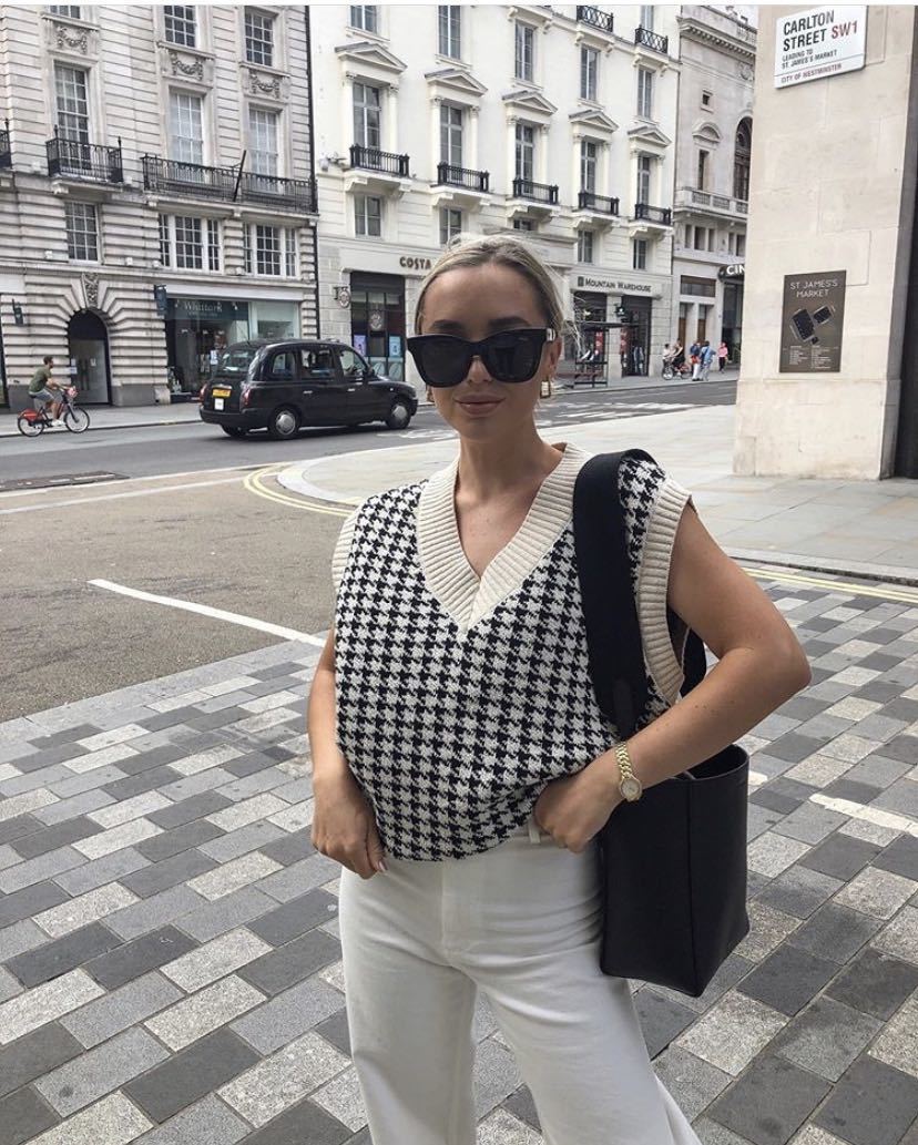 Houndstooth V-neck Knitted Vest Sweaters