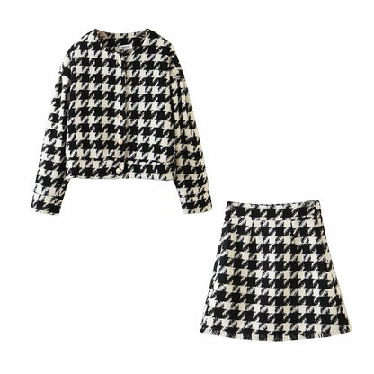 Houndstooth Beaded Buckle Long Sleeve Short Jacket Skirt Dress Suit