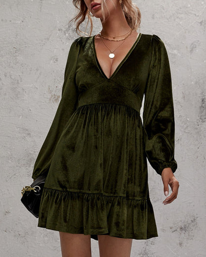 V-neck Velvet Ruffled Puff Sleeve Skater Party Mini Dresses