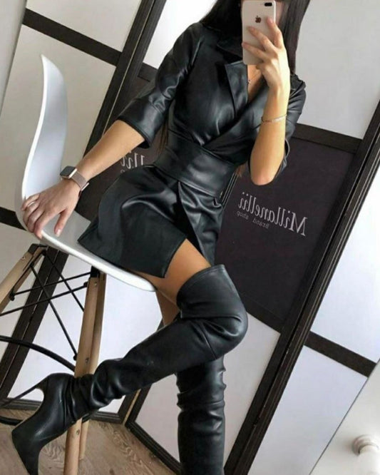 Lapel Blazer PU Belt Mini Dress Blazers Outerwear