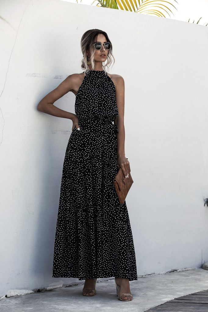 Black Wave Bohemian Boho Printed Hanging Neck Straps Maxi Dresses