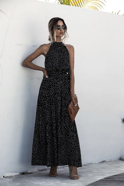 Black Wave Bohemian Boho Printed Hanging Neck Straps Maxi Dresses