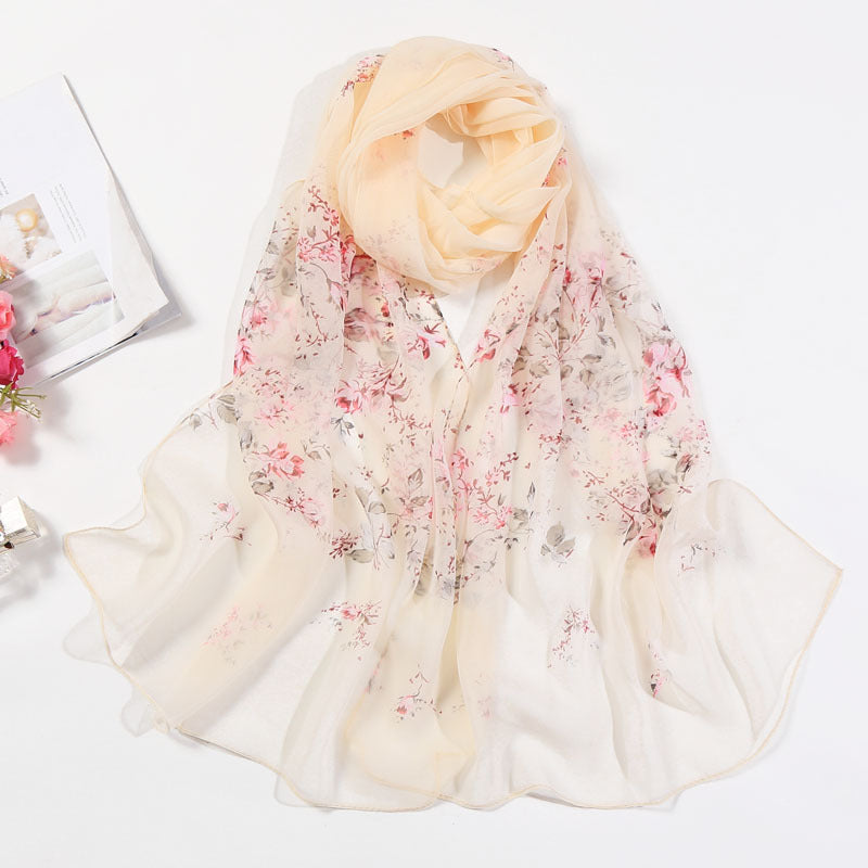 Lotus Printed Long Thin Silk Scarf for Women
