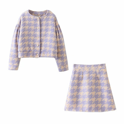 Houndstooth Beaded Buckle Long Sleeve Short Jacket Skirt Dress Suit