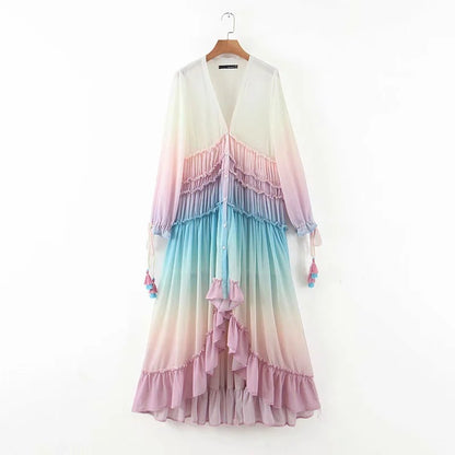Rainbow Deep V Long Sleeve Gradient Vacation Maxi Dresses