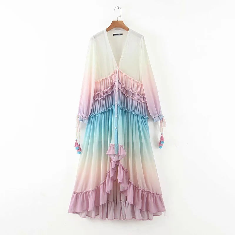 Rainbow Deep V Long Sleeve Gradient Vacation Maxi Dresses