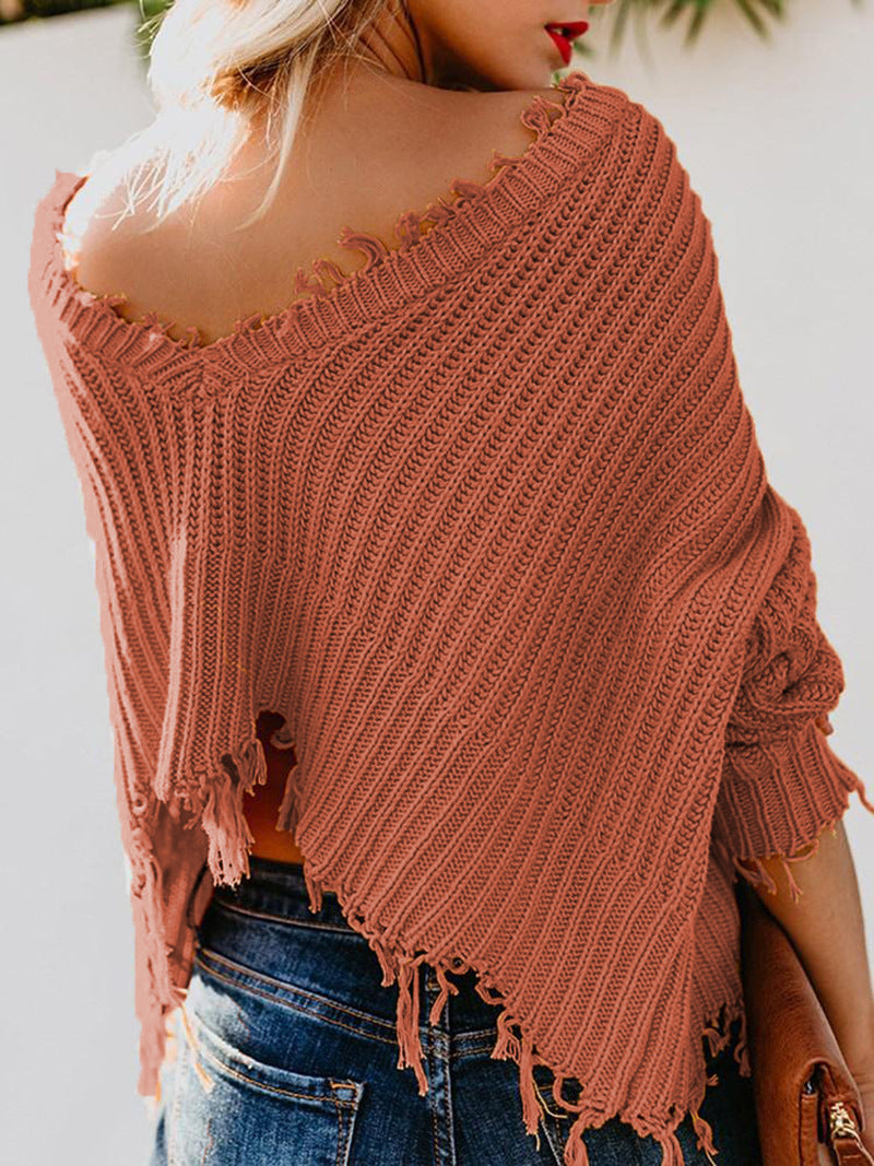 Sexy Deep V Neck Exposed Navel Irregular Edge Sweater