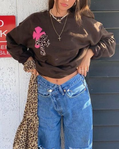 Round Neck Floral Printed Shirts Blouses Sweatshirts