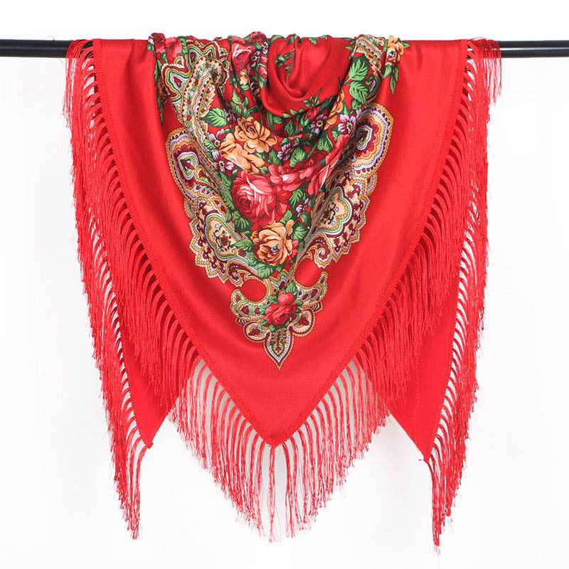 Ethnic Flower Print Triangle Scarf Shawl Fringed Scarves for Women Ladies Girls