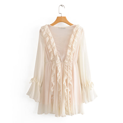 White Multi-layer Lace Cross Ruffle Vacation Mini Dresses