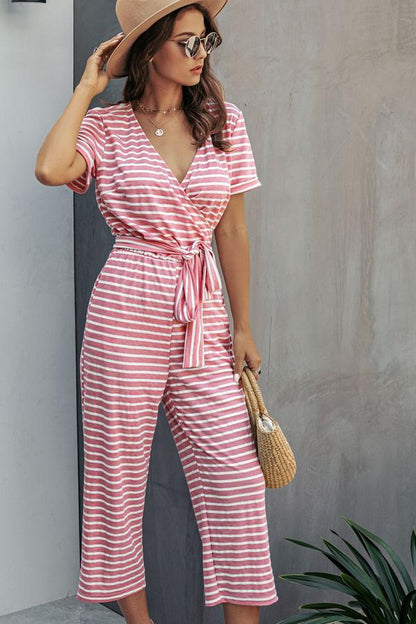 Stripe Print Tie Waisted Pocket Jumpsuit