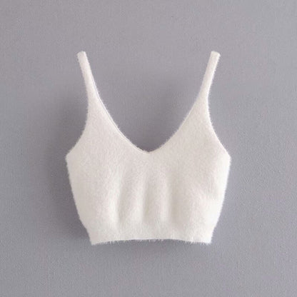 White Mohair V-neck Single-breasted Knitting Coat Jacket Halter Short Vest Shorts Hot Pants Three-piece Set