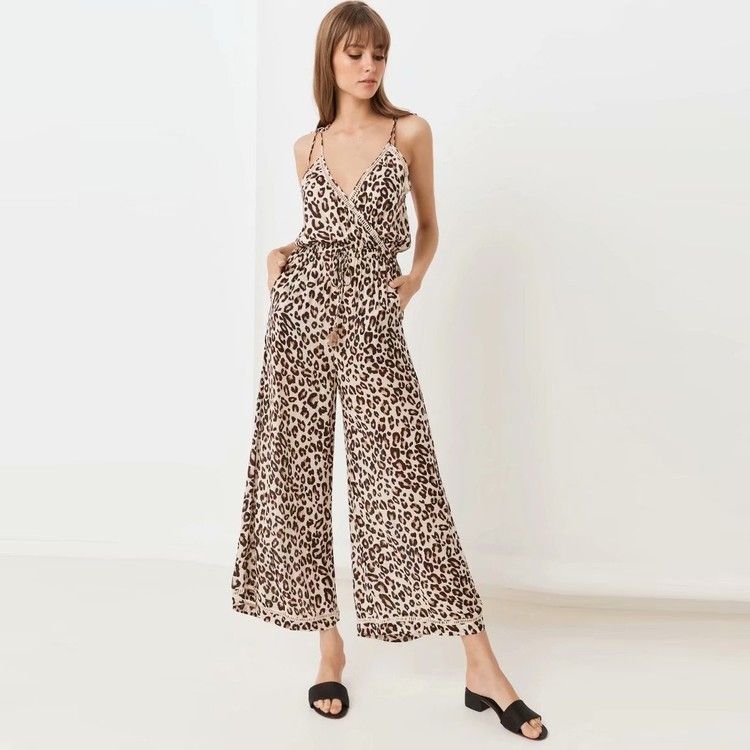 Leopard Print Suspenders Jumpsuit Lace-up Rompers Wide Leg Pants