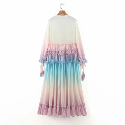 Rainbow Deep V Long Sleeve Gradient Vacation Maxi Dresses