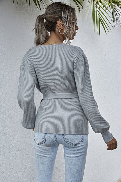 Lantern Sleeve Bow Tie V-neck Knit Sweaters Cardigans