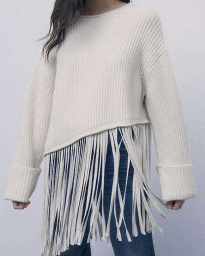 Knit Tassel Round Neck Irregular Hem Sweaters Blouses