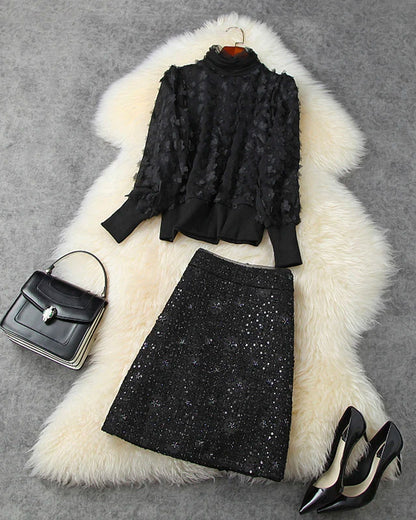 Elegant Black Flower Splicing Beading Tops Skirts Two-piece Set