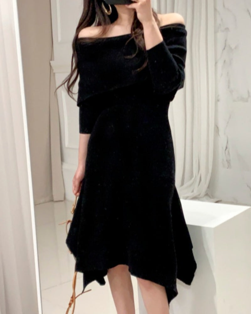 Off Shoulder Fishtail Sweater Knit Midi Dress