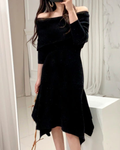 Off Shoulder Fishtail Sweater Knit Midi Dress