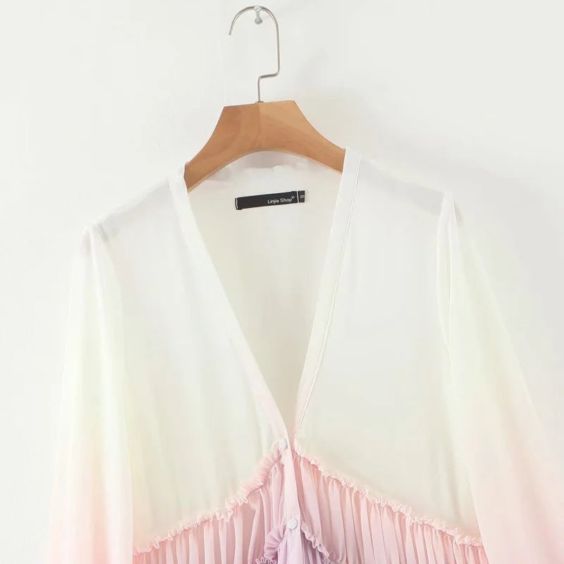 Rainbow Deep V Long Sleeve Gradient Vacation Maxi Dresses