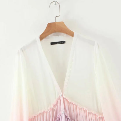 Rainbow Deep V Long Sleeve Gradient Vacation Maxi Dresses