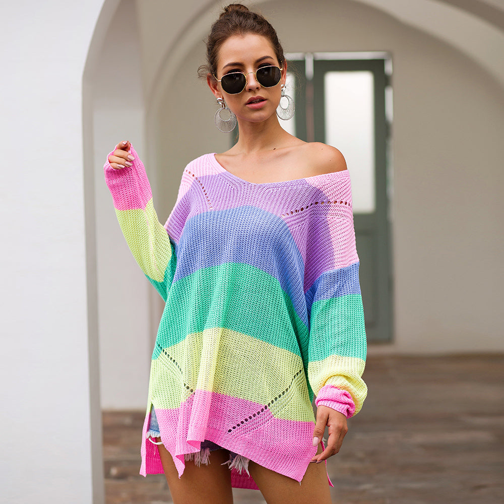 Women‘s Loose V-neck Rainbow Stripes Long Sweater