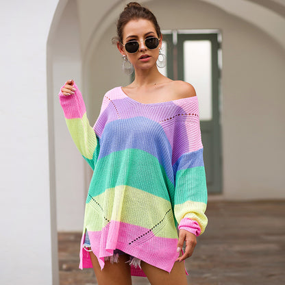 Women‘s Loose V-neck Rainbow Stripes Long Sweater