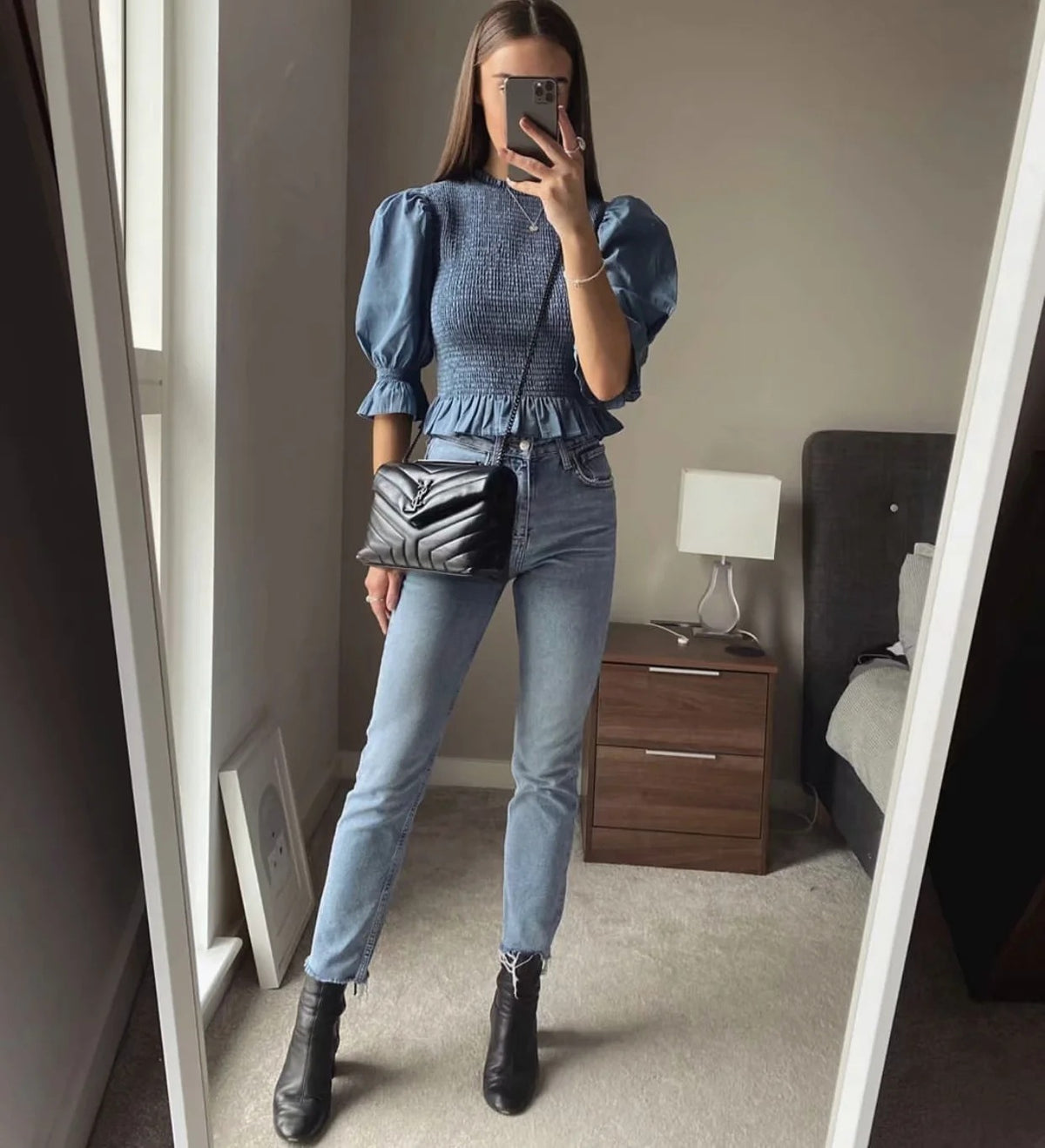 Blue Bubbles Sleeves Ruffles Blouse Irregular Hem Skirt Mini Dress Two-piece Set