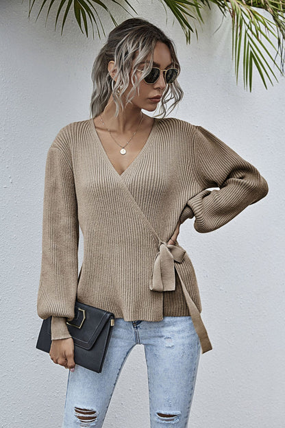 Lantern Sleeve Bow Tie V-neck Knit Sweaters Cardigans