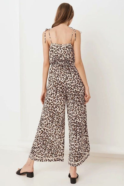 Leopard Print Suspenders Jumpsuit Lace-up Rompers Wide Leg Pants