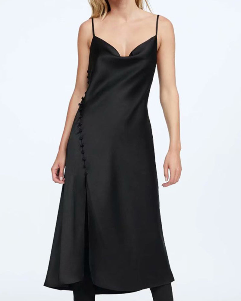 Sling Backless Silk Satin Slit Leg Midi Dresses Black