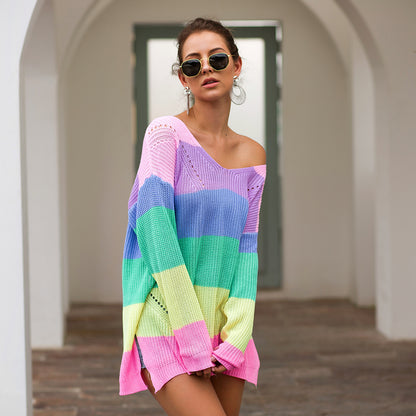 Women‘s Loose V-neck Rainbow Stripes Long Sweater