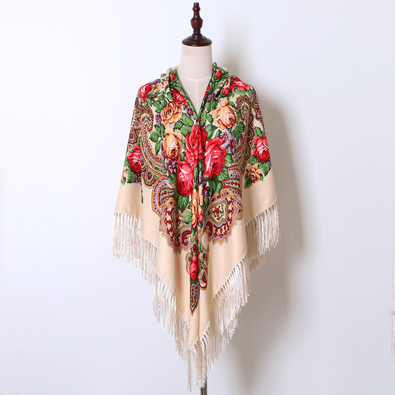 Ethnic Flower Print Square Scarf Shawl Fringed Scarves for Women Ladies Girls