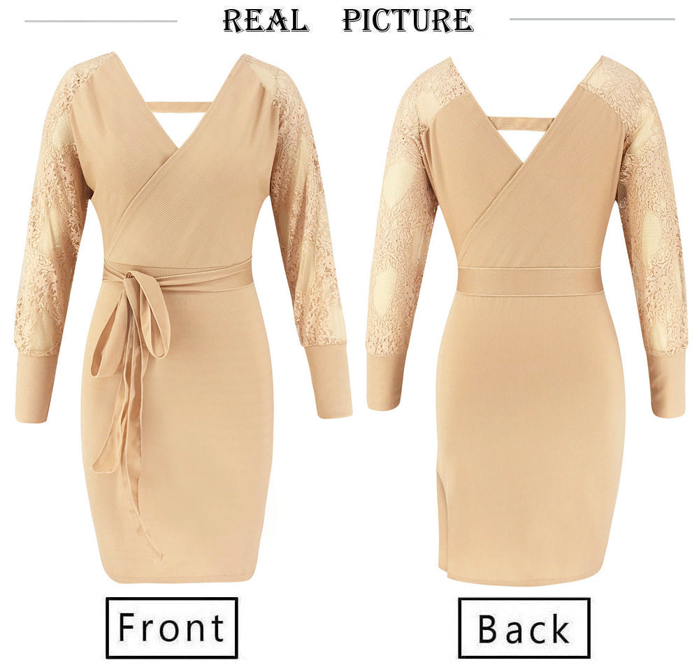 Deep V-neck Collar Elegant Lace Sleeve Bodycon Midi Dresses