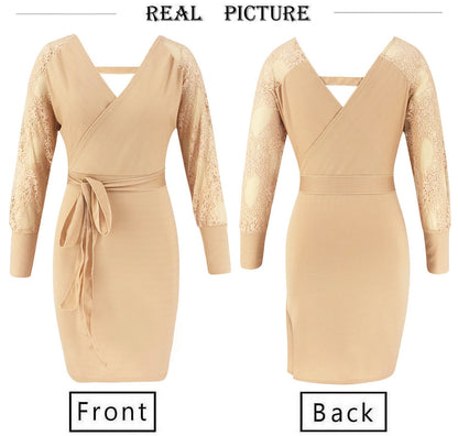 Deep V-neck Collar Elegant Lace Sleeve Bodycon Midi Dresses