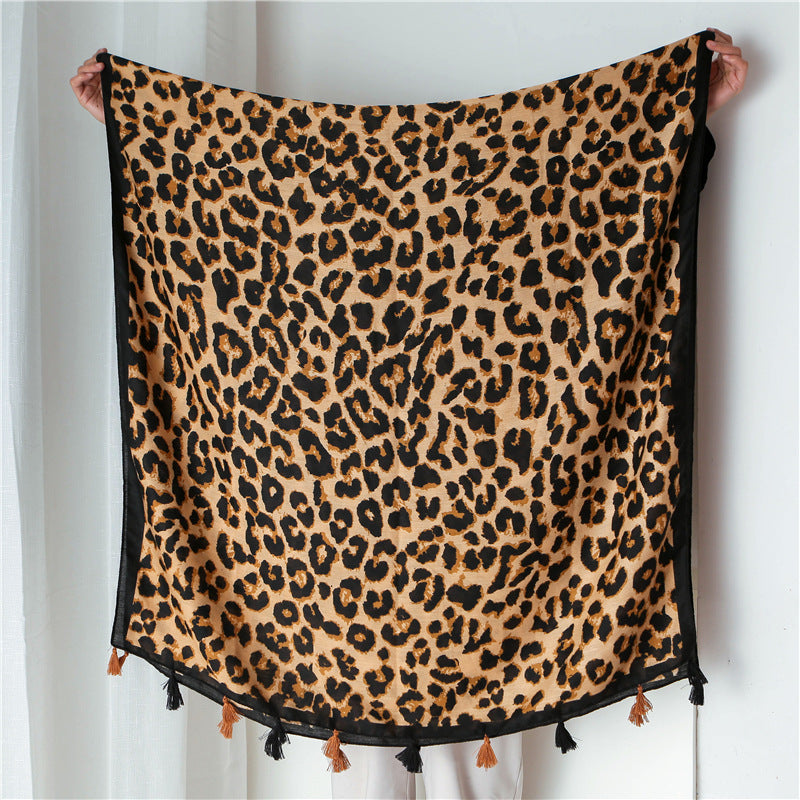 Tassel Fringe Leopard Print Scarf Shawl for Women Ladies Girls