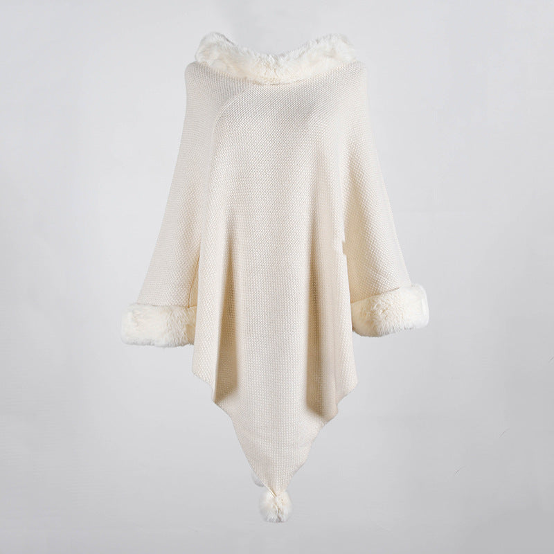 Pullover Pompom Fur Collar Sleeves Sweater Cloak Shawl Cape