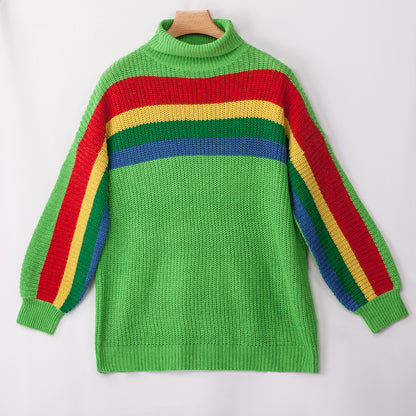 Women‘s High Collar Rainbow Stripes Knit Long Sweater