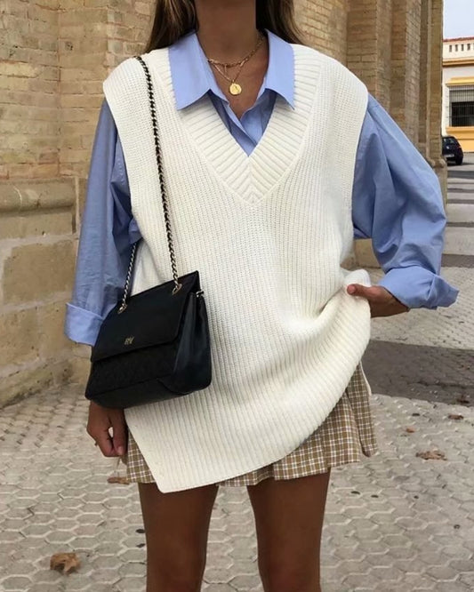 Knitted Sleeveless V-neck Long Vest Pullover Sweaters