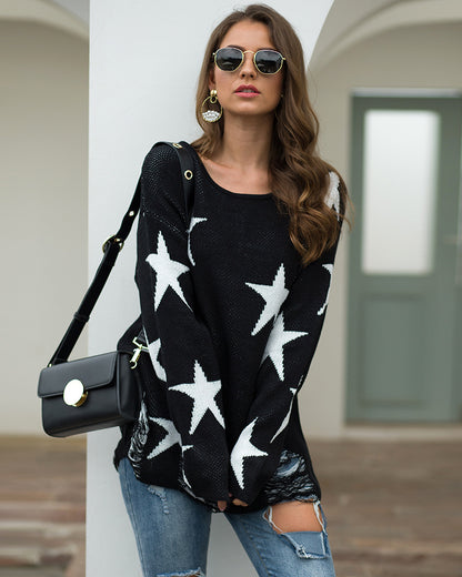 Star Pattern Round Neck Hole Sweater