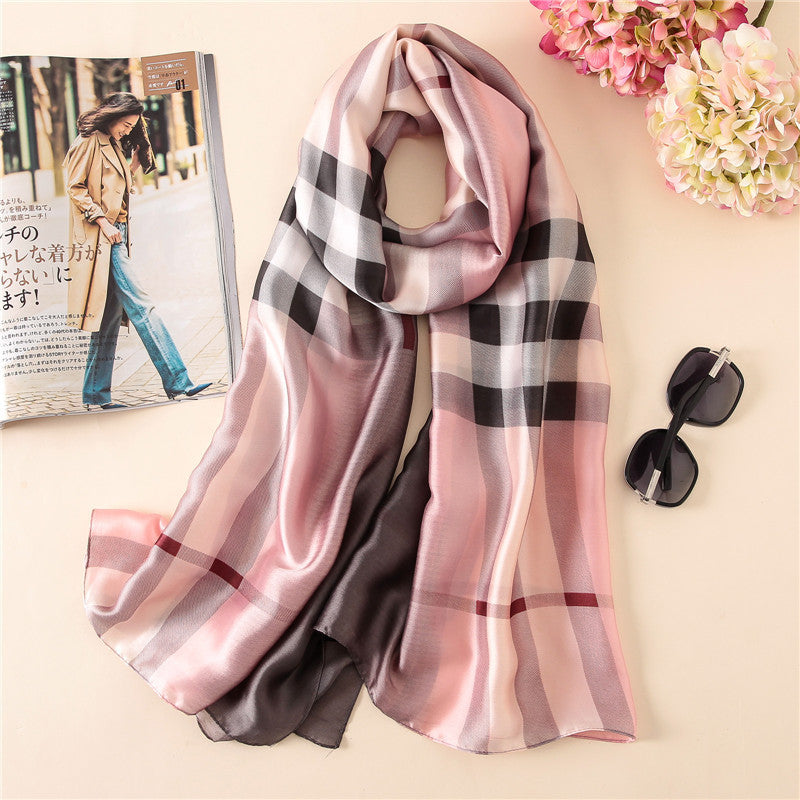 Elegant Fashion Classic Plaid Gradient Stamp Printing Silk Scarf Shawl Wrap for Women Ladies Girls 90x180