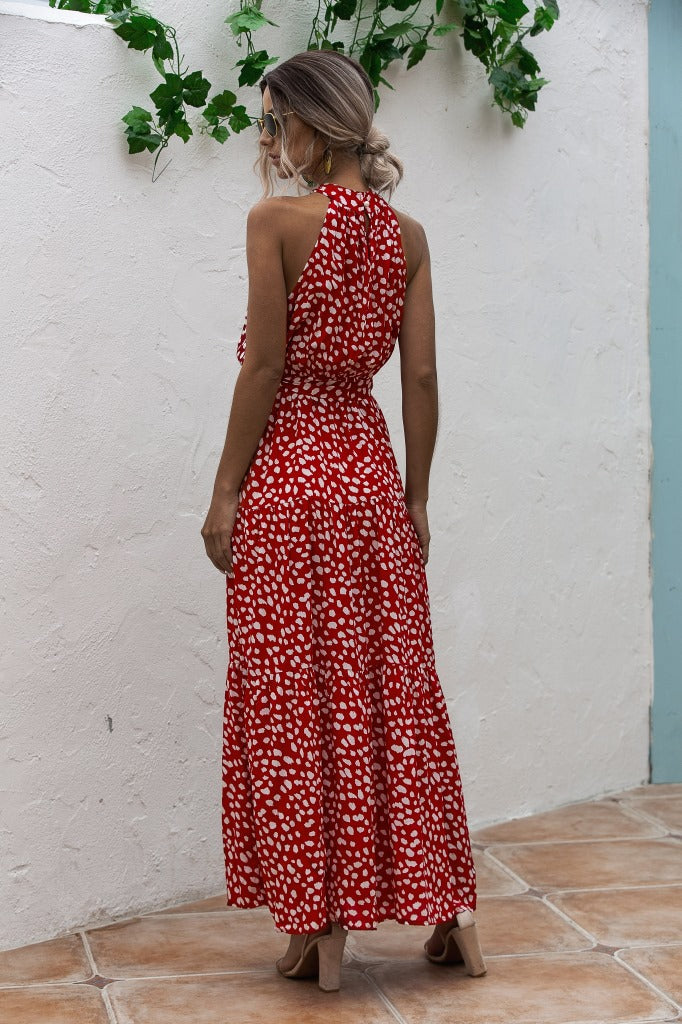 Red Wave Bohemian Boho Printed Hanging Neck Straps Maxi Dresses