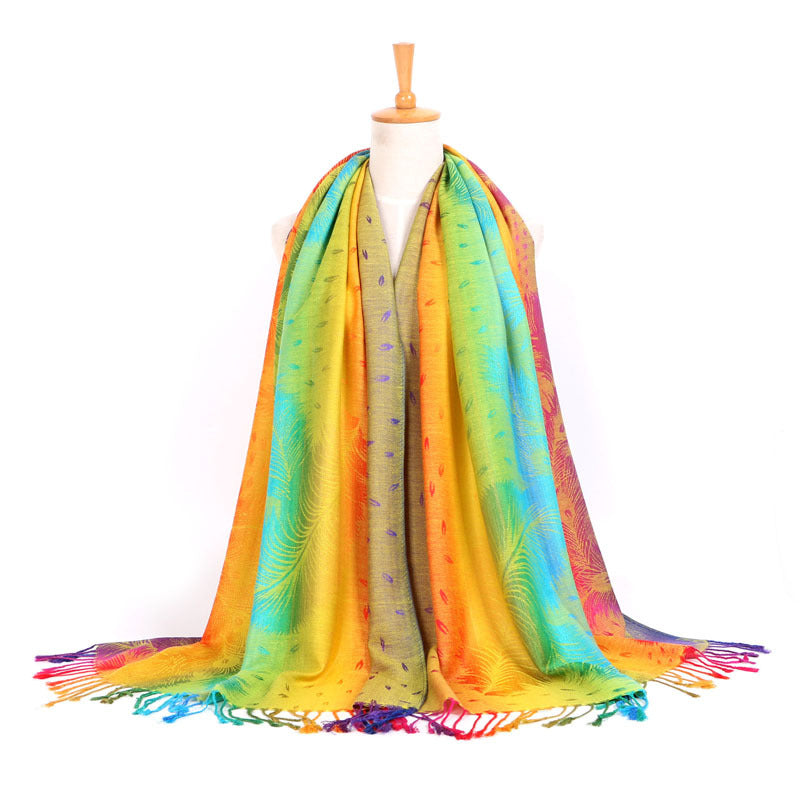 Rainbow Feather Print Long Scarf Shawl Fringed Scarves for Women Ladies Girls