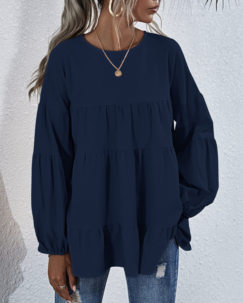 Round Neck Lantern Elastic Bubble Sleeve Blouses