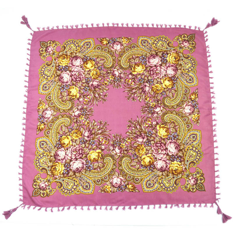 Ethnic Flower Print Square Scarf Shawl Fringed Scarves for Women Ladies Girls