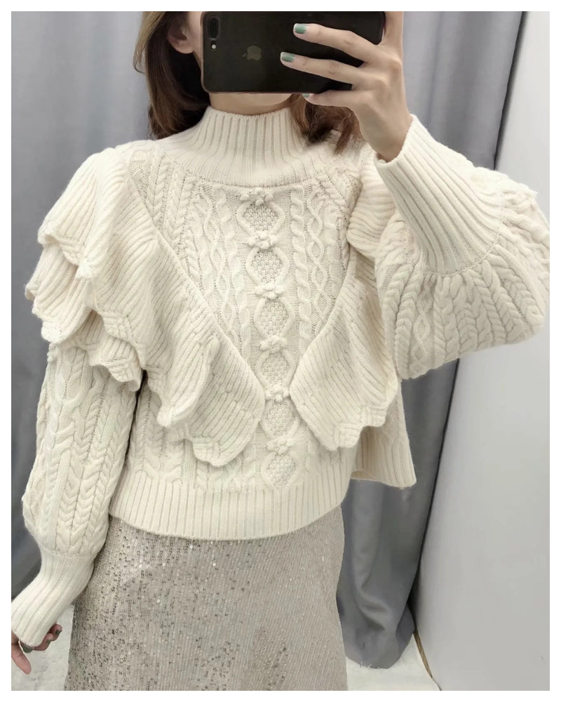 High Collar Ruffles Lantern Sleeves Knit Sweater