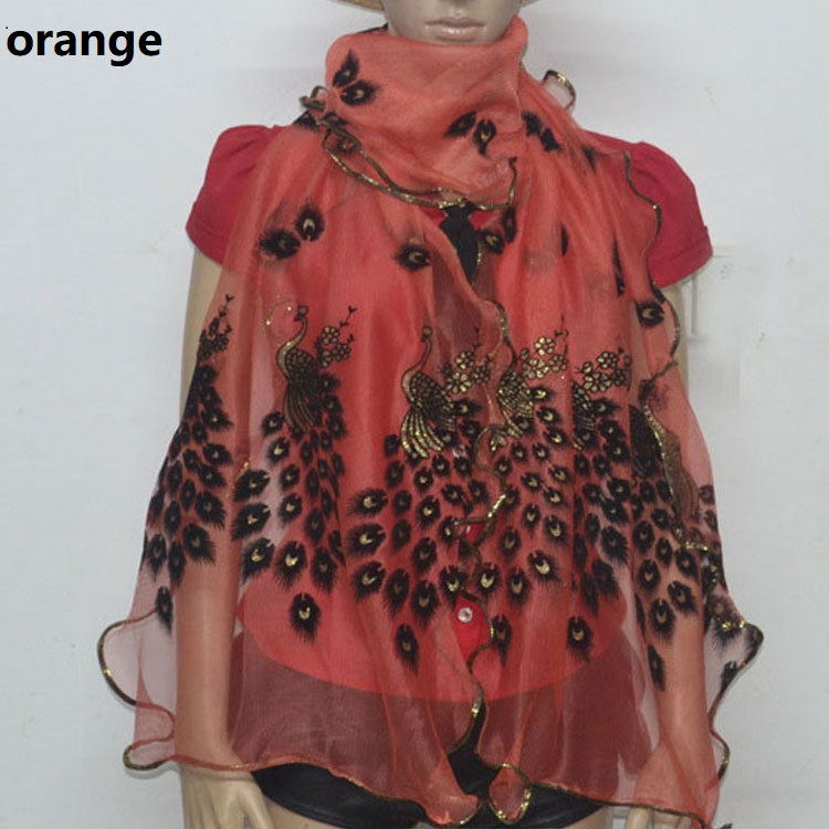 Fashion Lace Scarf Net Yarn Printing Peacock Stitching Flocking Phoenix Scarf for Women Ladies Girls